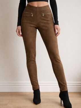 BCBGMaxAzria Brown Faux Suede Skinny Pants with Zip Details